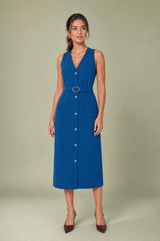 Vestido midi con escote en V y cinturón