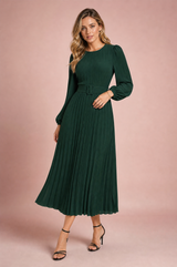 Vestido largo plisado de mangas abullonadas