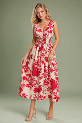 Vestido midi rojo con estampado floral y espalda descubierta