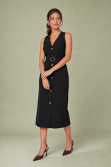 Vestido midi con escote en V y cinturón
