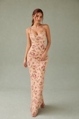 Vestido largo albaricoque floral espalda descubierta