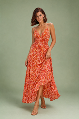 Vestido largo rojo escote V espalda descubierta