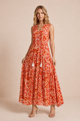Vestido estampado cuello en V con flecos