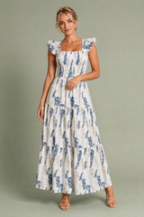Vestido largo crudo con estampado floral y escote cuadrado
