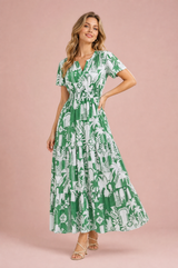 Vestido largo verde estampado con cuello en V