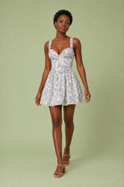 Robe bleue fleurie bustier corset | Vue en mouvement | Lounelle Paris