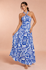 Vestido largo azul halter espalda descubierta