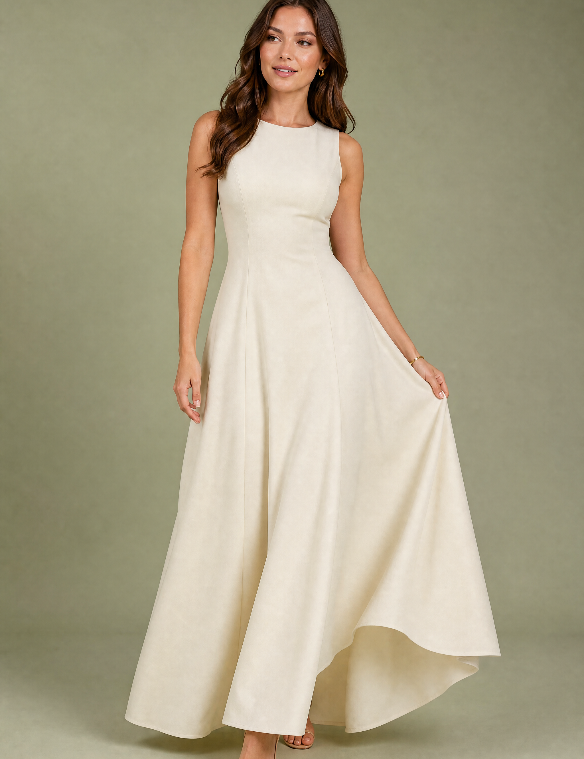 Robe longuecrème évasée sans manches | Vue de face | Lounelle Paris