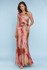 Vestido largo beige rosado estampado