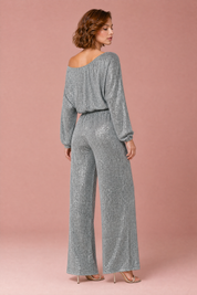 Combinaison argentée pailletée asymétrique | Vue de dos | Lounelle Paris