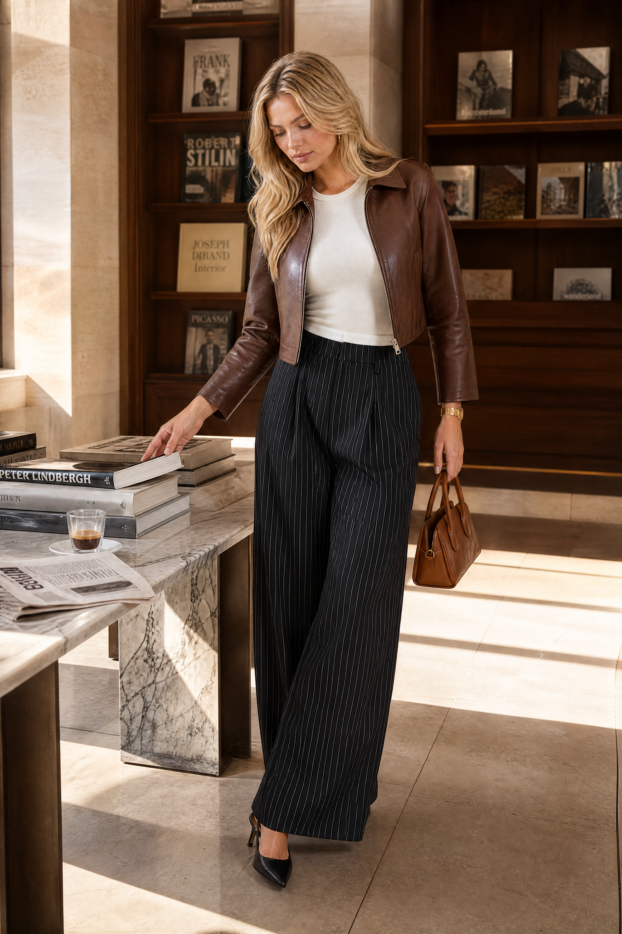 Pantalon large rayé taille haute | Photo lifestyle | Lounelle Paris