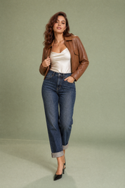 Jean mom bleu foncé taille haute coupe droite | Vue de face | Lounelle Paris