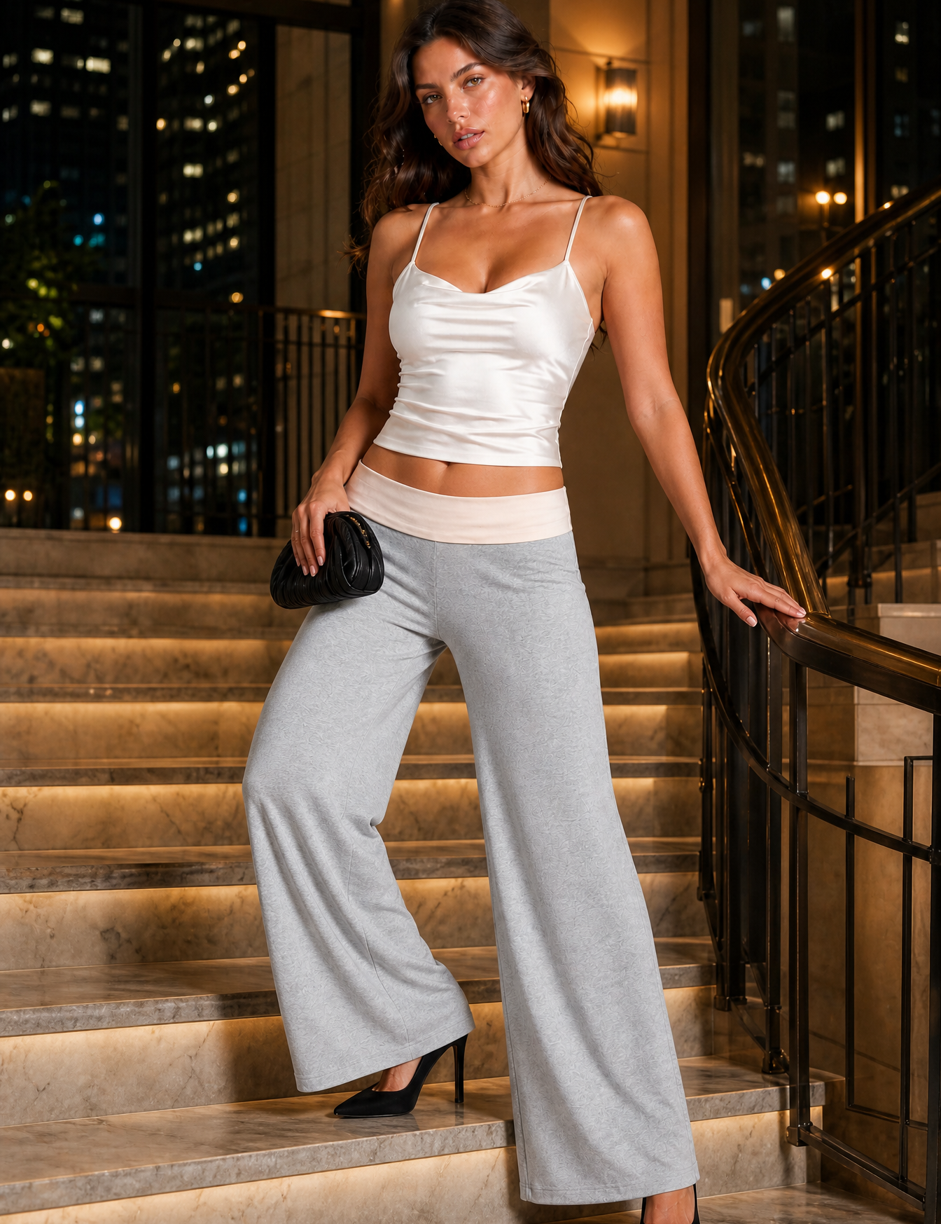 Pantalon large marron taille basse | Variante Gris clair - Lifestyle | Lounelle Paris