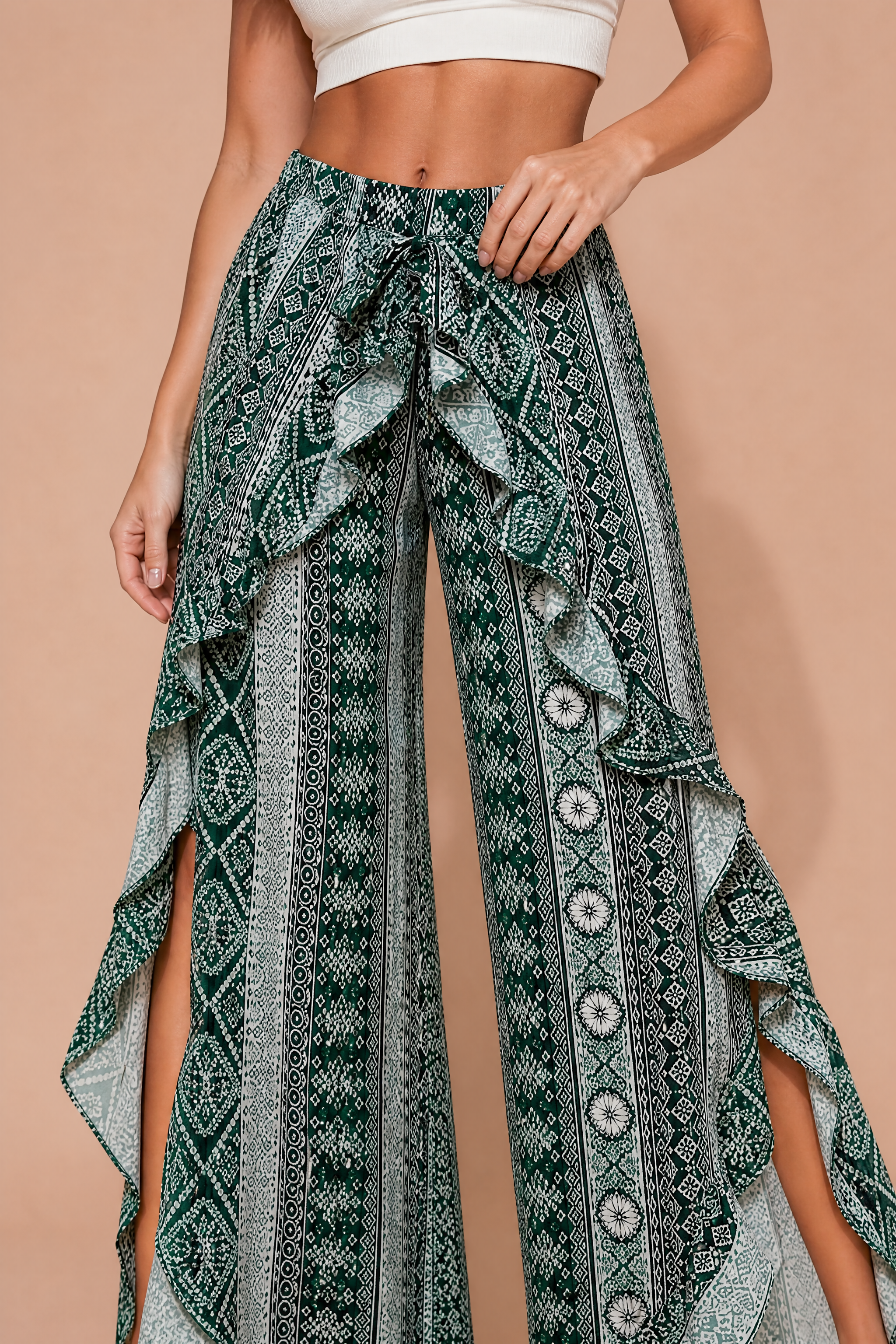 Pantalon vert imprimé taille haute | Vue rapprochée | Lounelle Paris