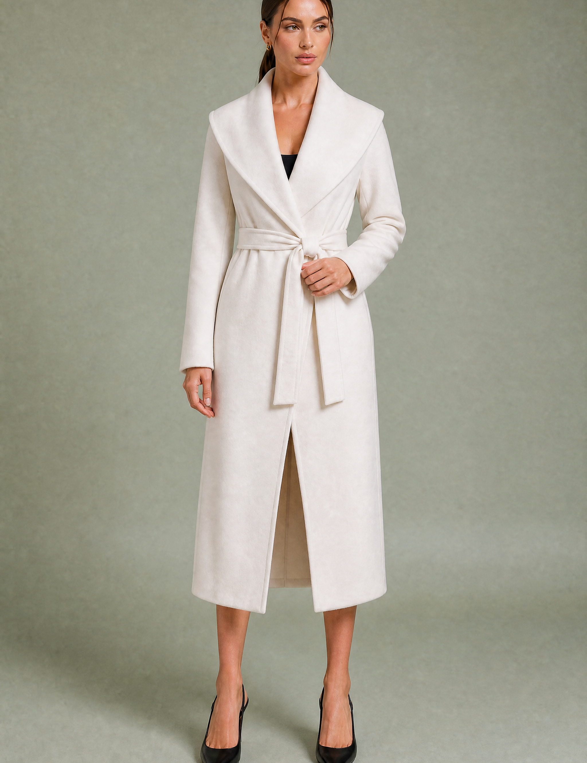 Manteau long col châle ceinturé | Variante Blanc | Lounelle Paris