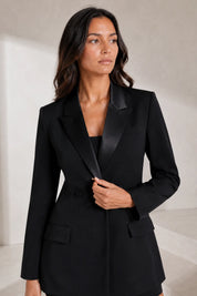 Blazer long noir revers satinés | Lounelle Paris