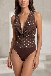 Body marron à pois décolleté drapé | Lounelle Paris