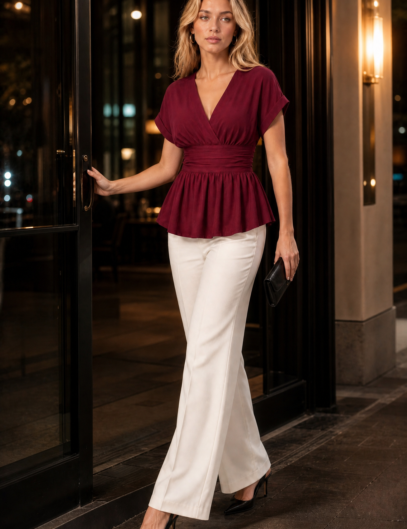 Blouse col V taille cintrée | Variante Bordeaux - Lifestyle | Lounelle Paris