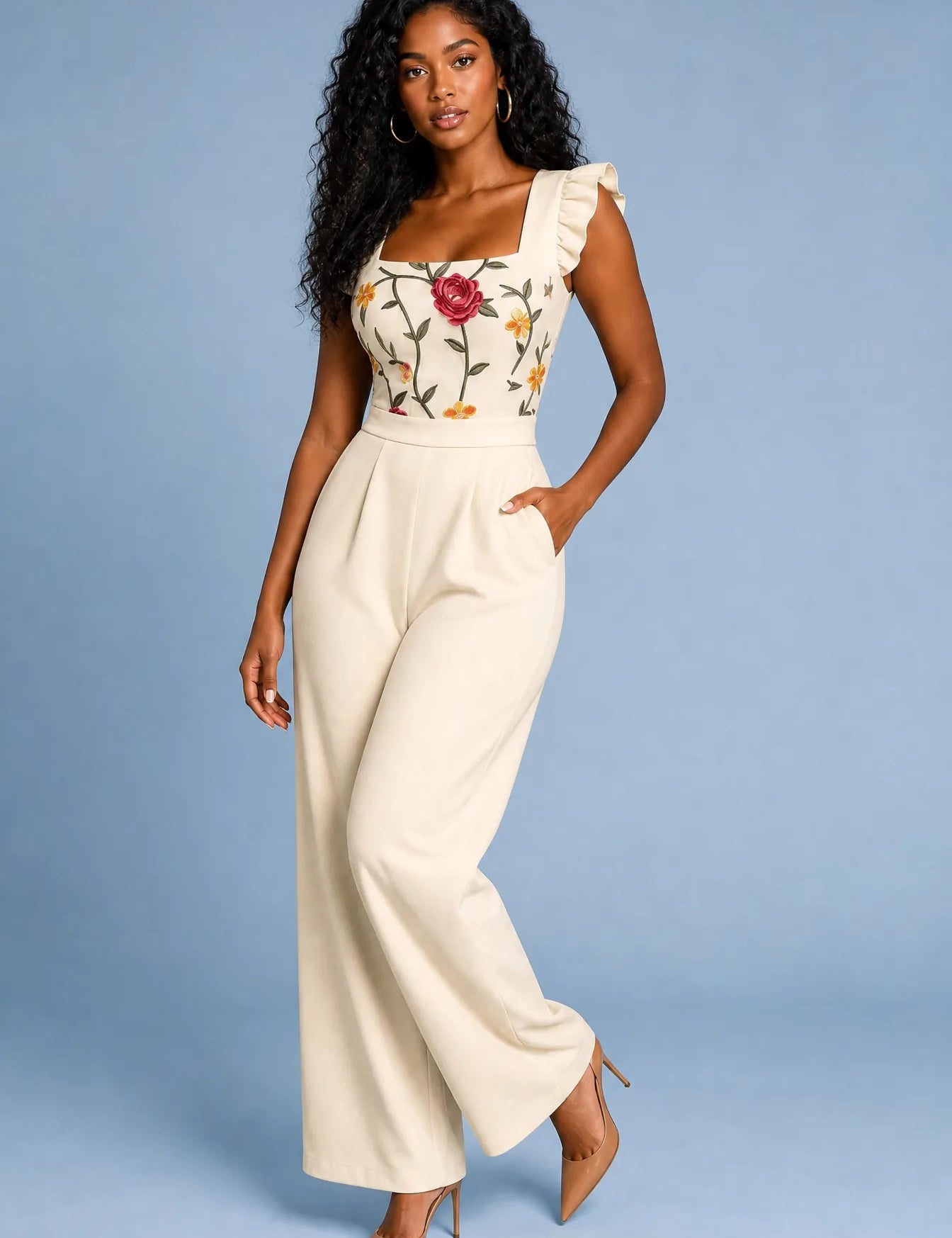 Combinaison beige col carré jambes larges | Vue de face | Lounelle Paris