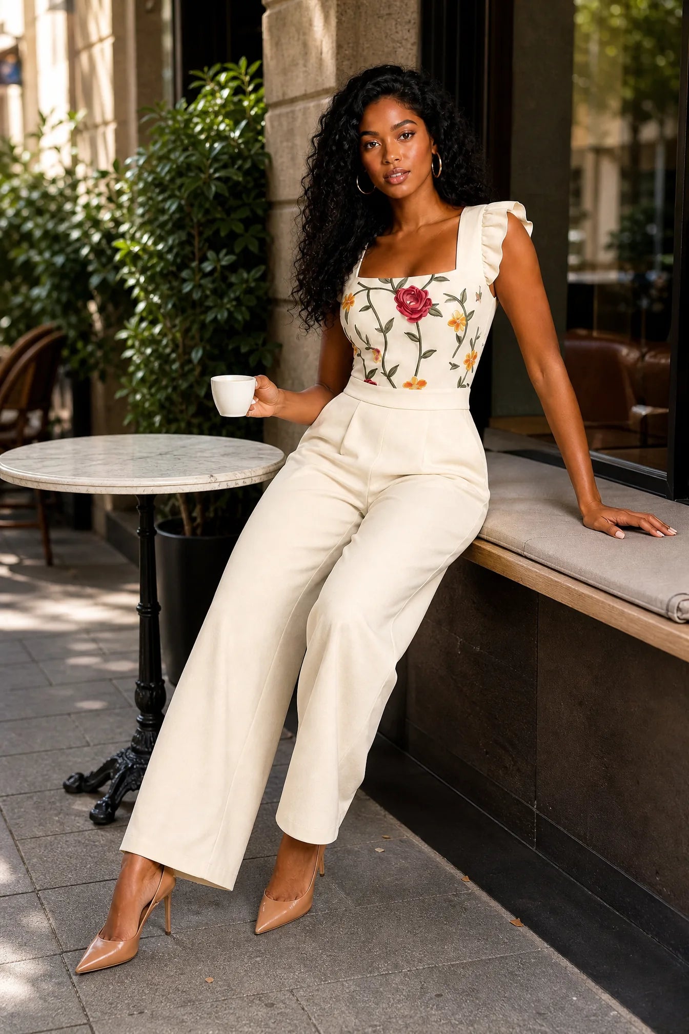 Combinaison beige col carré jambes larges | Photo lifestyle | Lounelle Paris