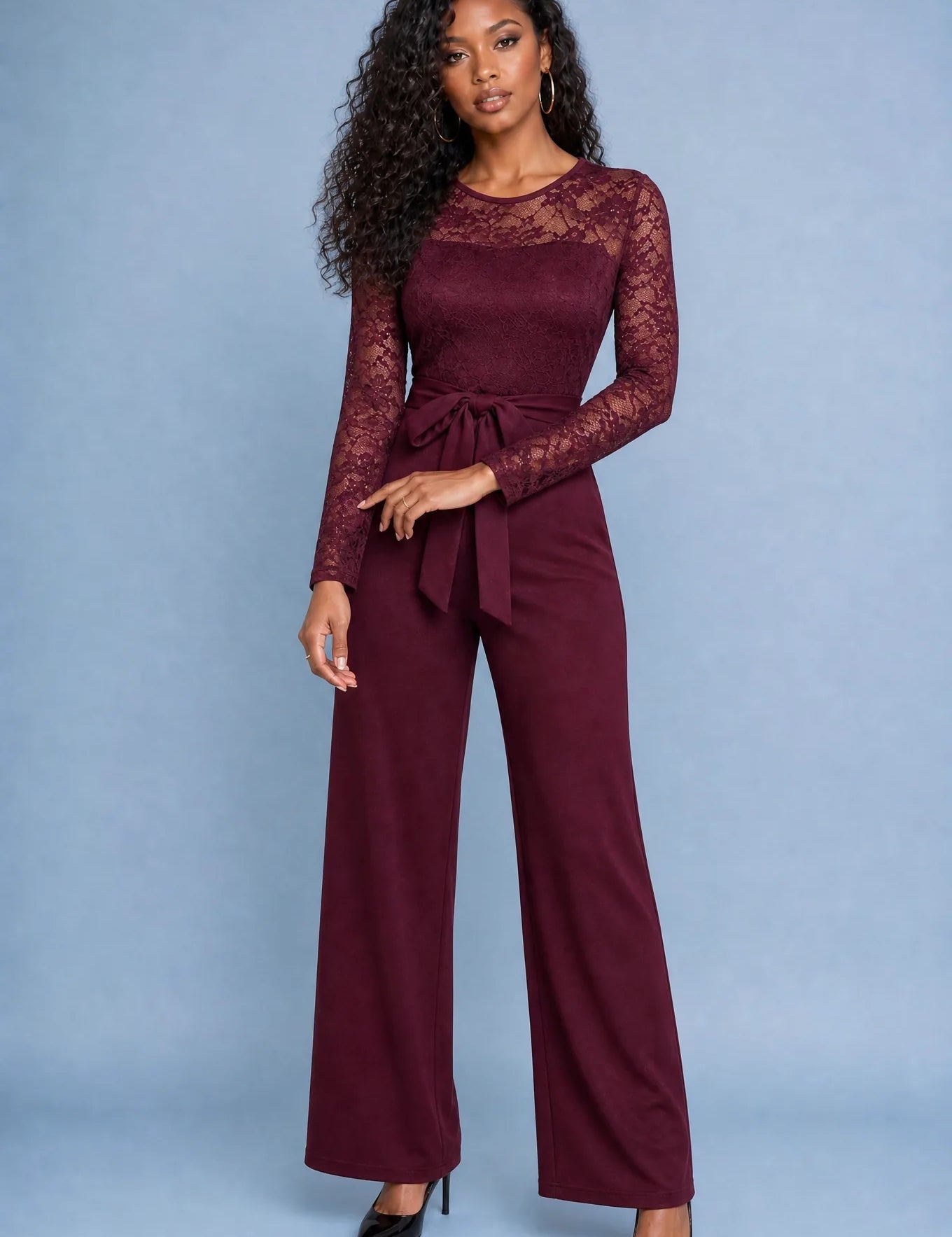 Combinaison en dentelle à jambes larges | Variante Bordeaux | Lounelle Paris