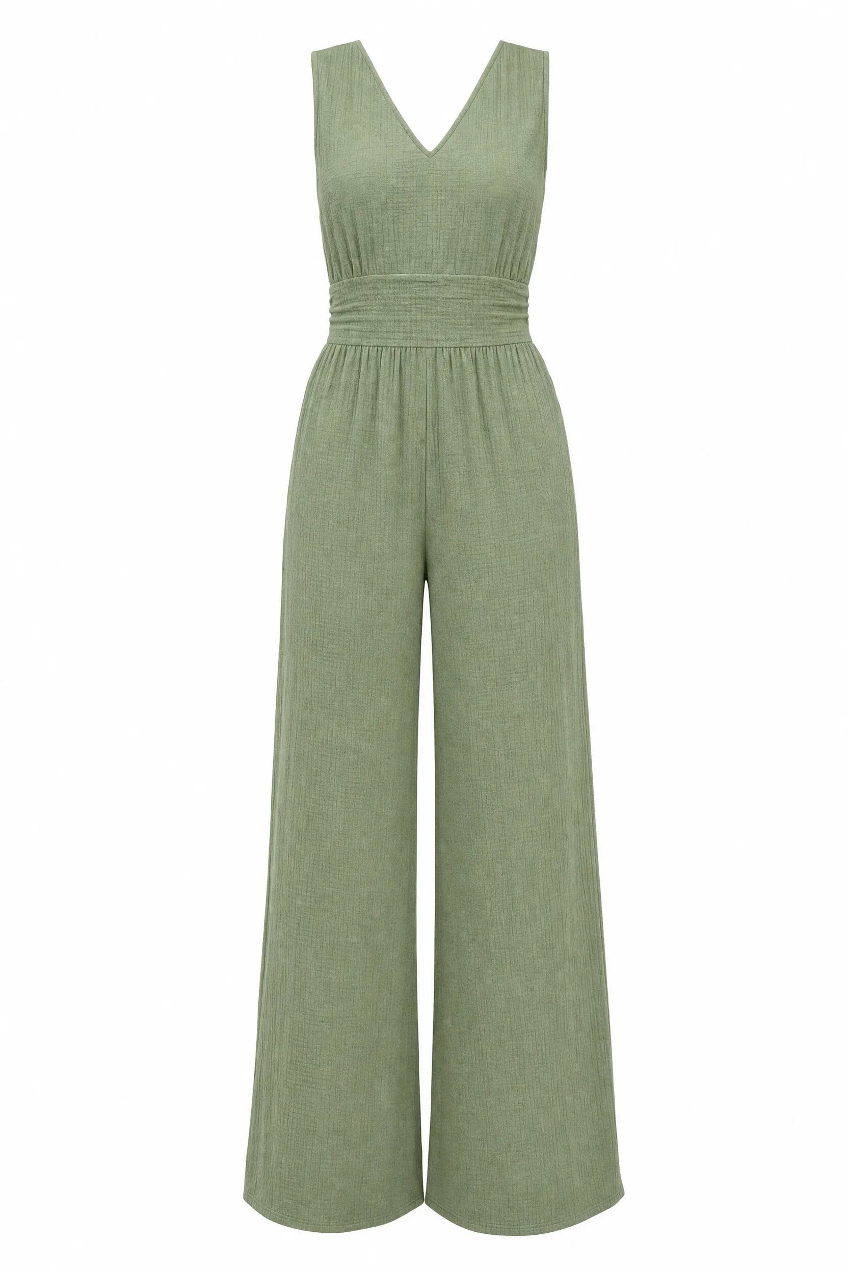 Combinaison verte col V taille smockée | Lounelle Paris