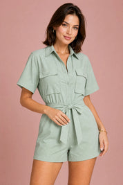 Combishort vert clair col chemise | Vue rapprochée | Lounelle Paris