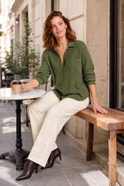 Top maille gaufrée col chemise | Variante Vert - Lifestyle | Lounelle Paris