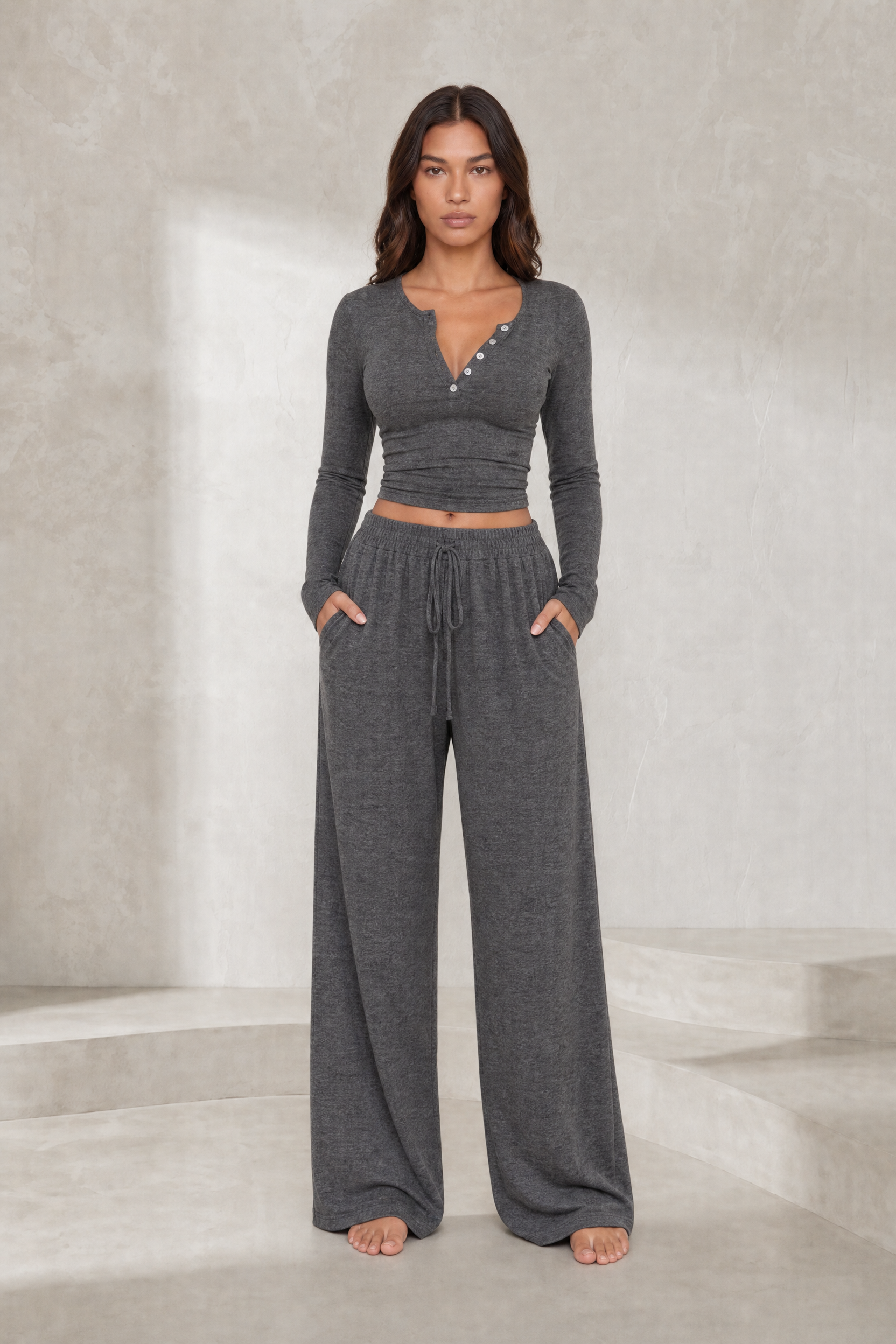 Ensemble pantalon large col V boutonné | Lounelle Paris