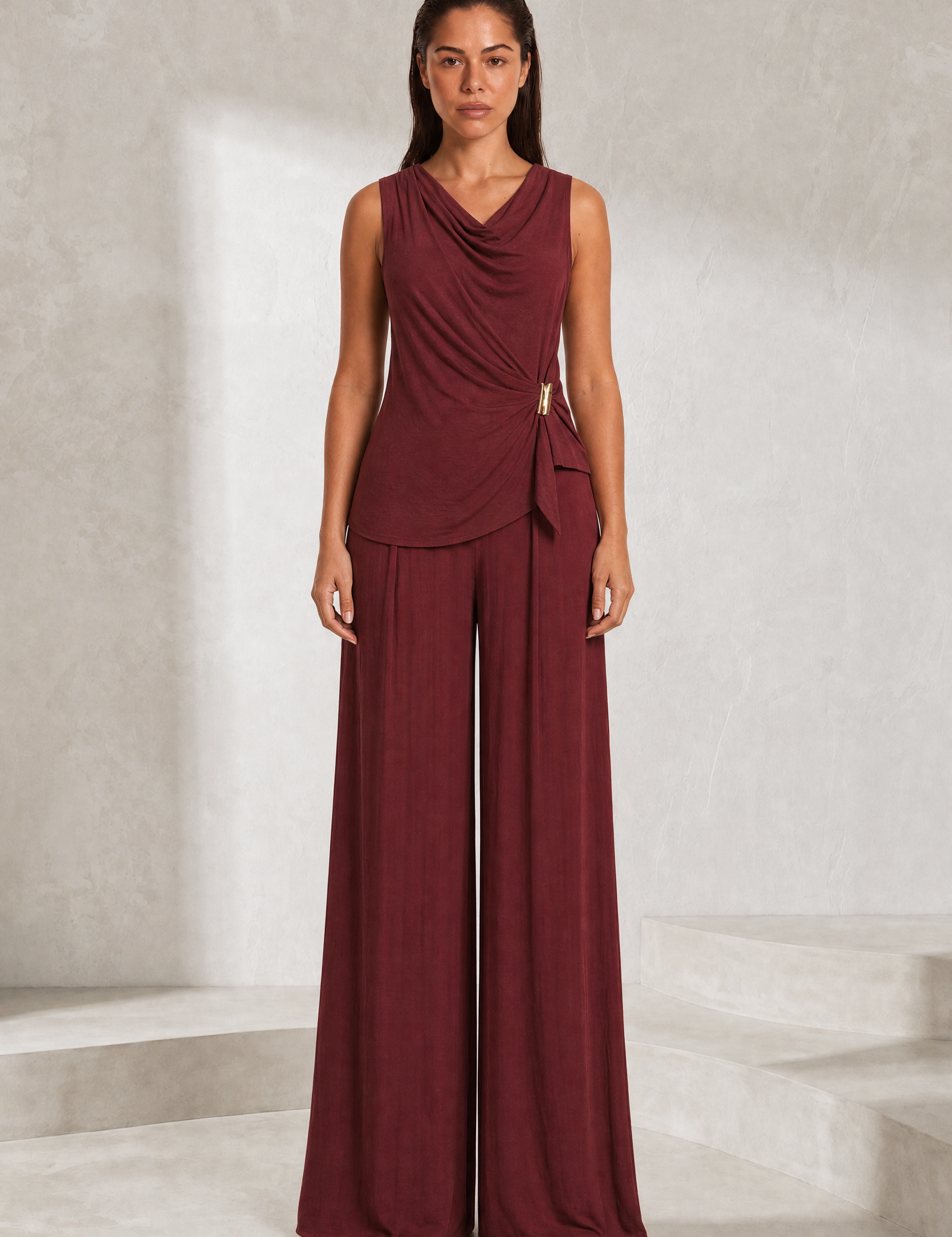 Ensemble bordeaux col drapé asymétrique | Lounelle Paris