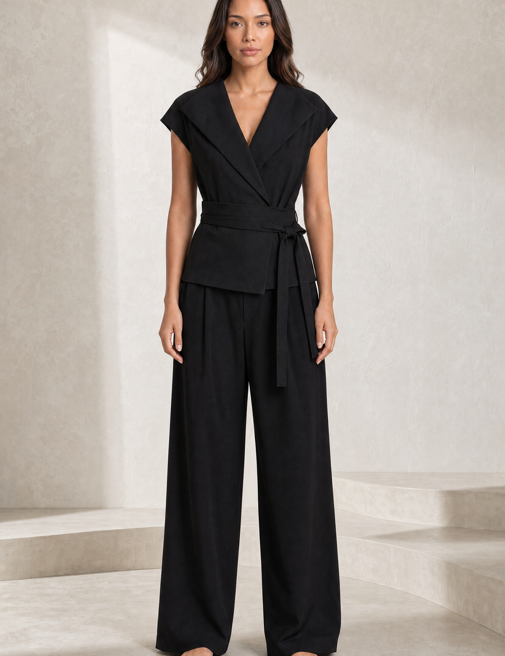 Gilet noir col V ceinturé | Lounelle Paris