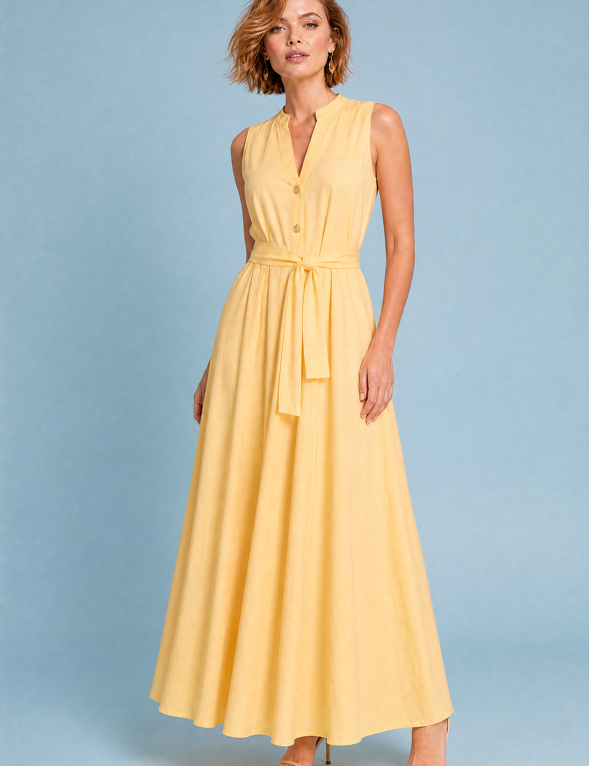 Robe jaune clair sans manches ceinturée | Vue de face | Lounelle Paris