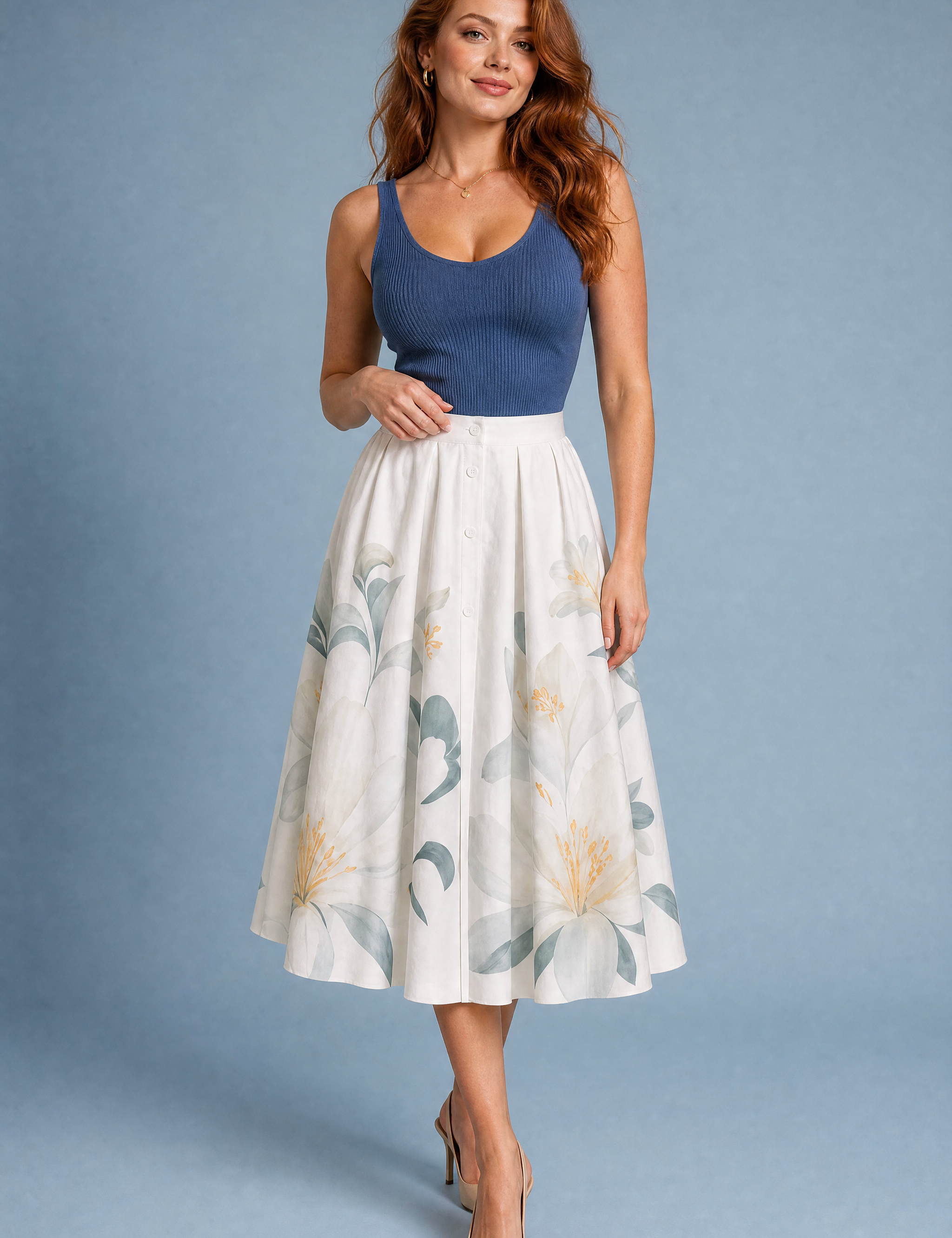 Jupe midi beige fleurie taille haute | Vue de face | Lounelle Paris