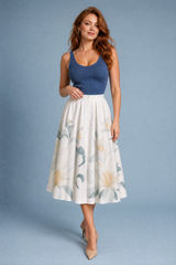 Falda midi beige con estampado floral de talle alto