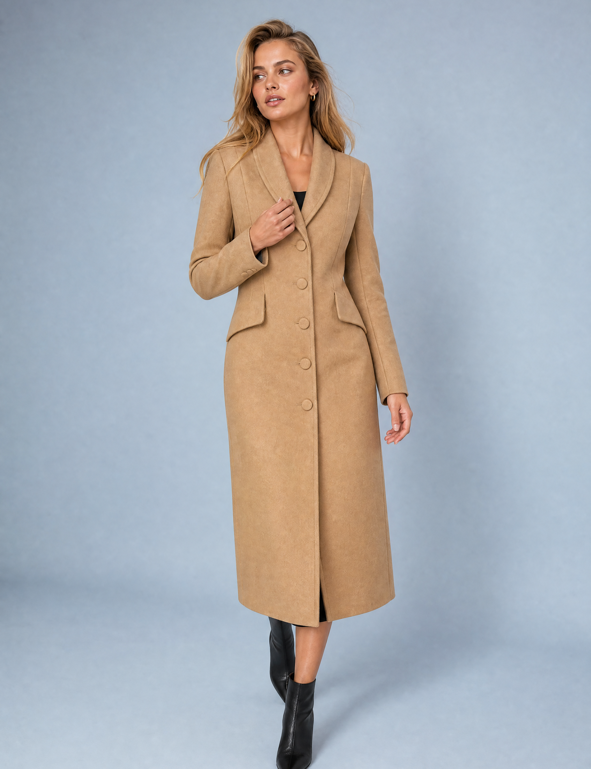 Manteau long cintré à col tailleur | Vue de face | Lounelle Paris