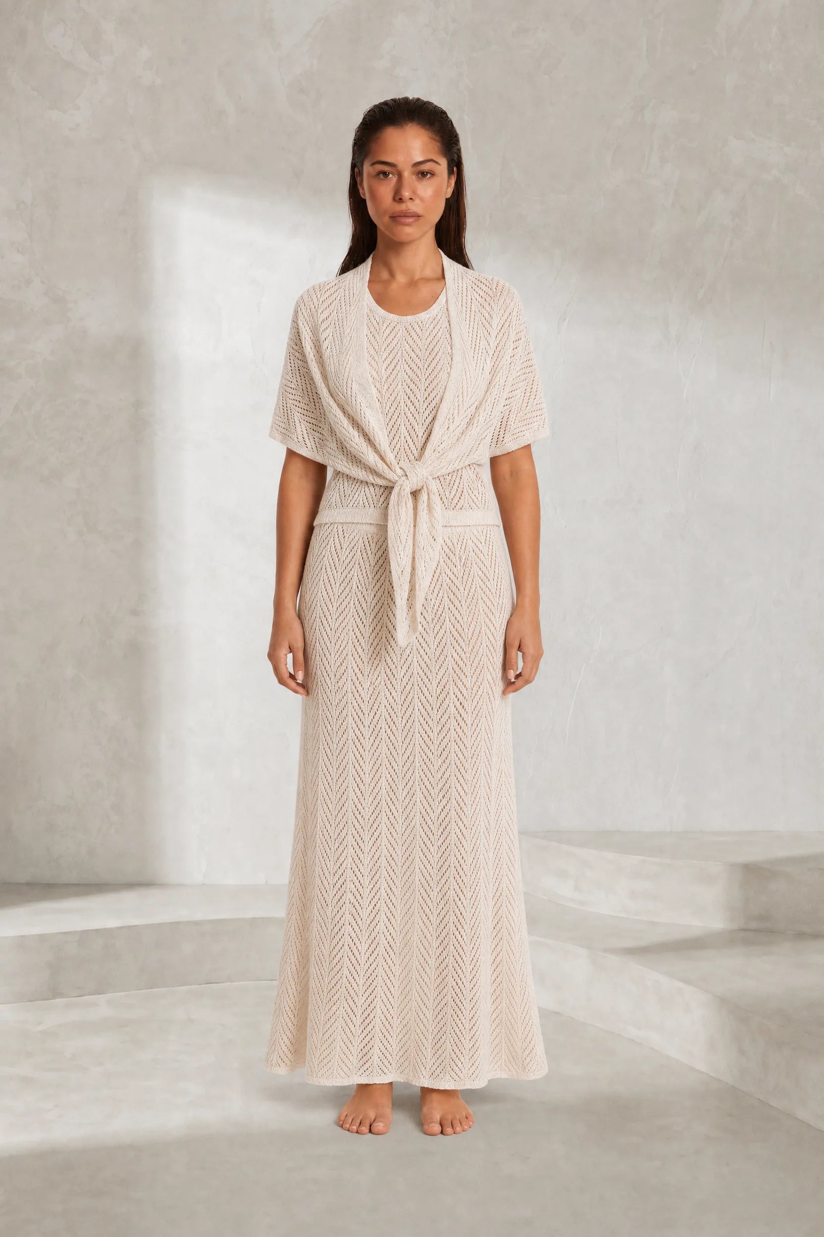Ensemble 3 pièces beige maille ajourée | Lounelle Paris