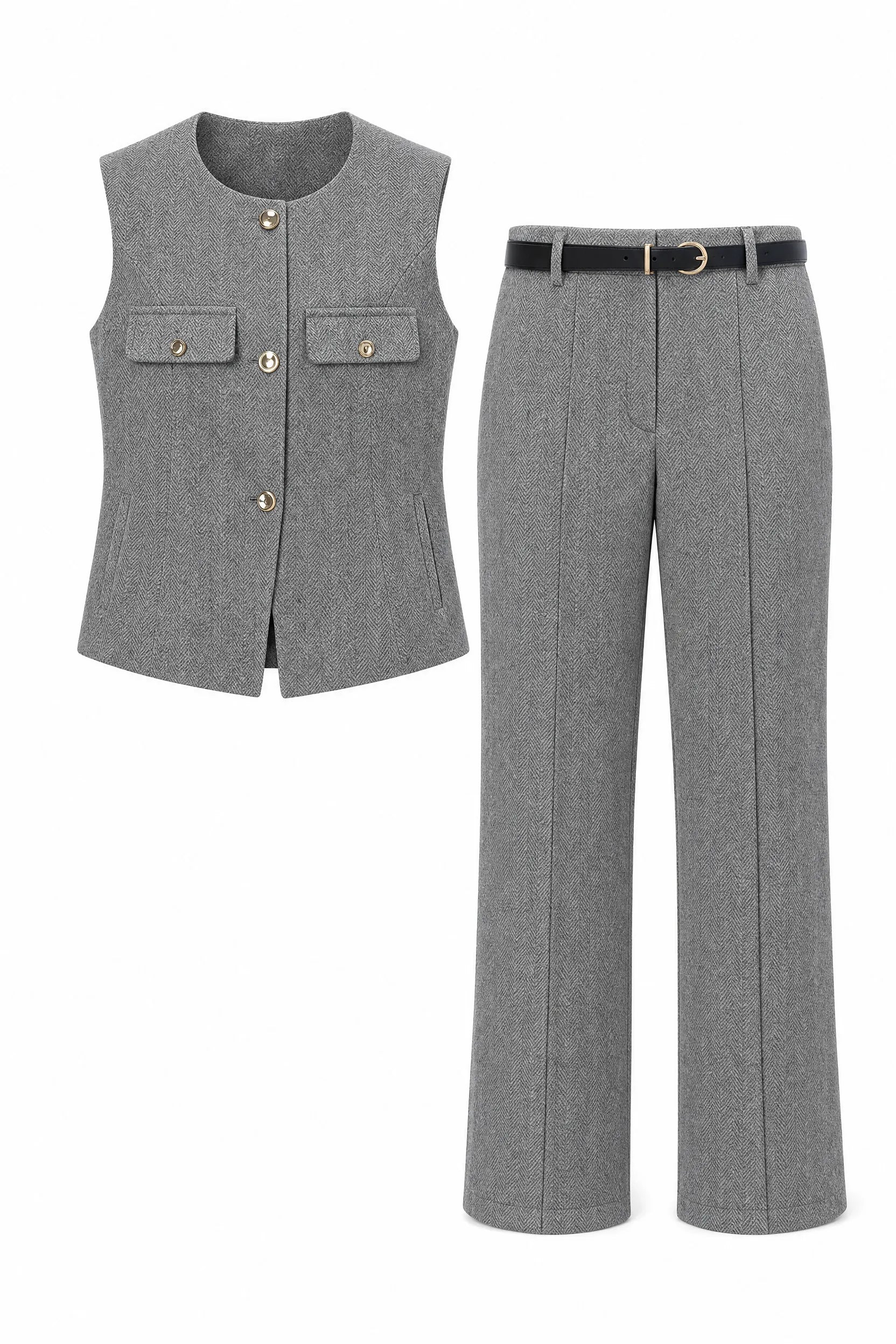 Ensemble gris à chevrons ceinturé | Lounelle Paris