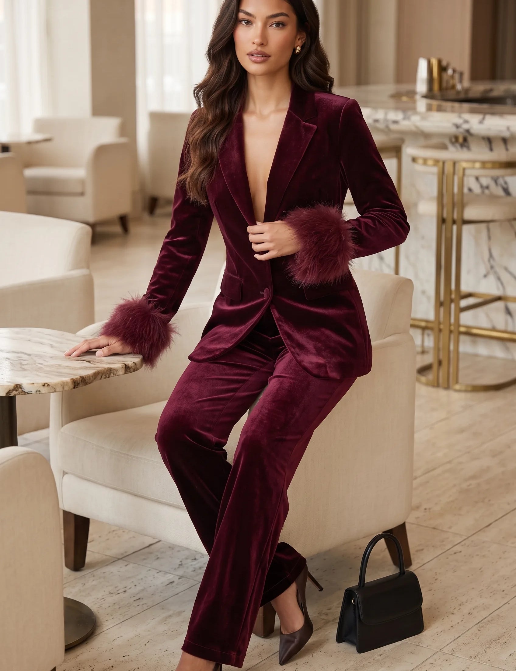 Ensemble velours bordeaux pantalon large | Photo lifestyle | Lounelle Paris