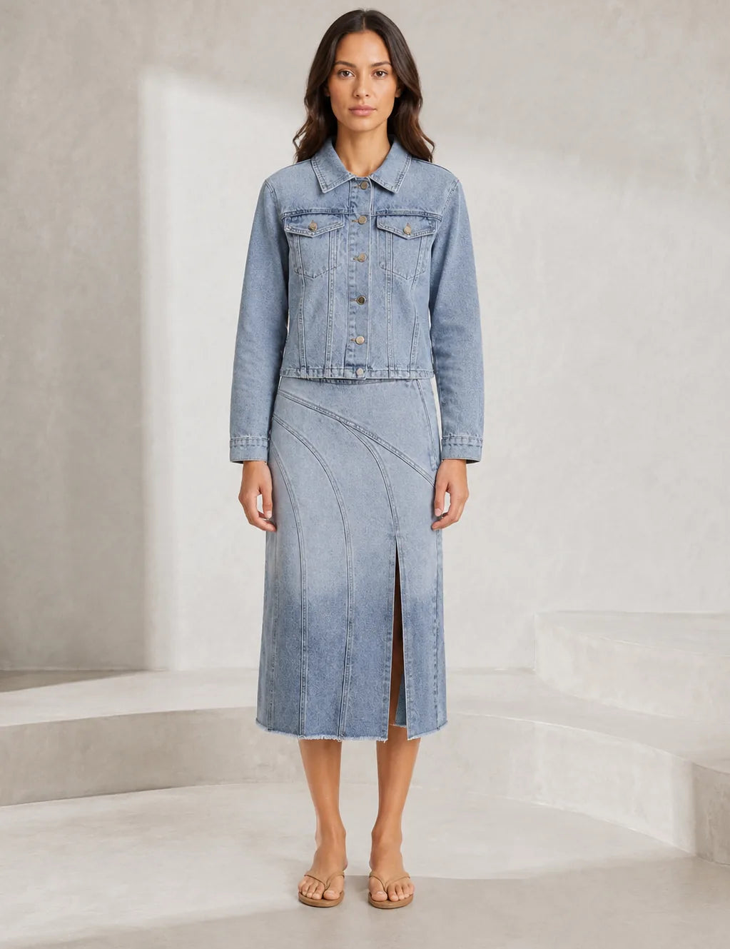 Ensemble veste jean et jupe midi | Lounelle Paris