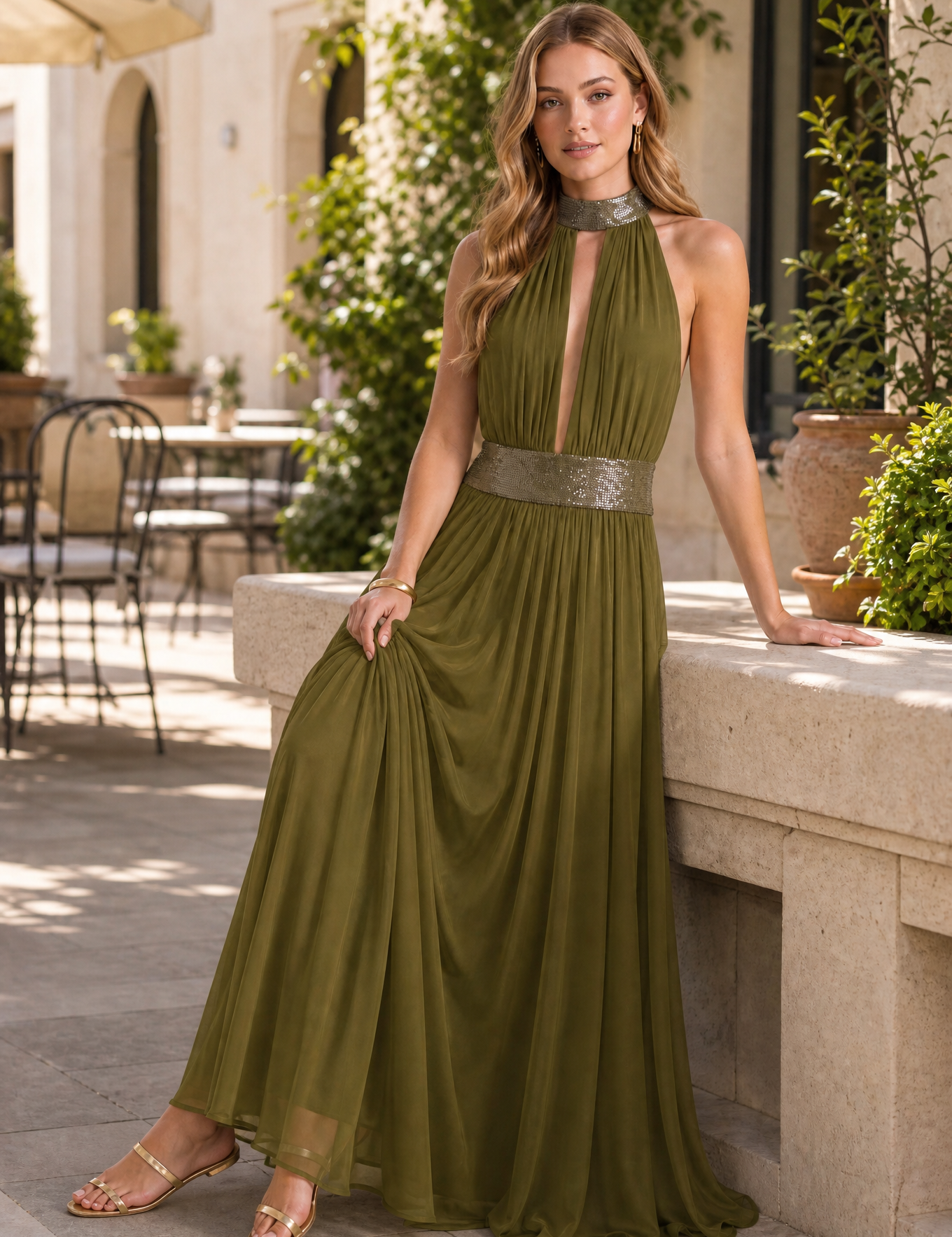 Robe longue col licou dos nu | Variante Vert - Lifestyle | Lounelle Paris
