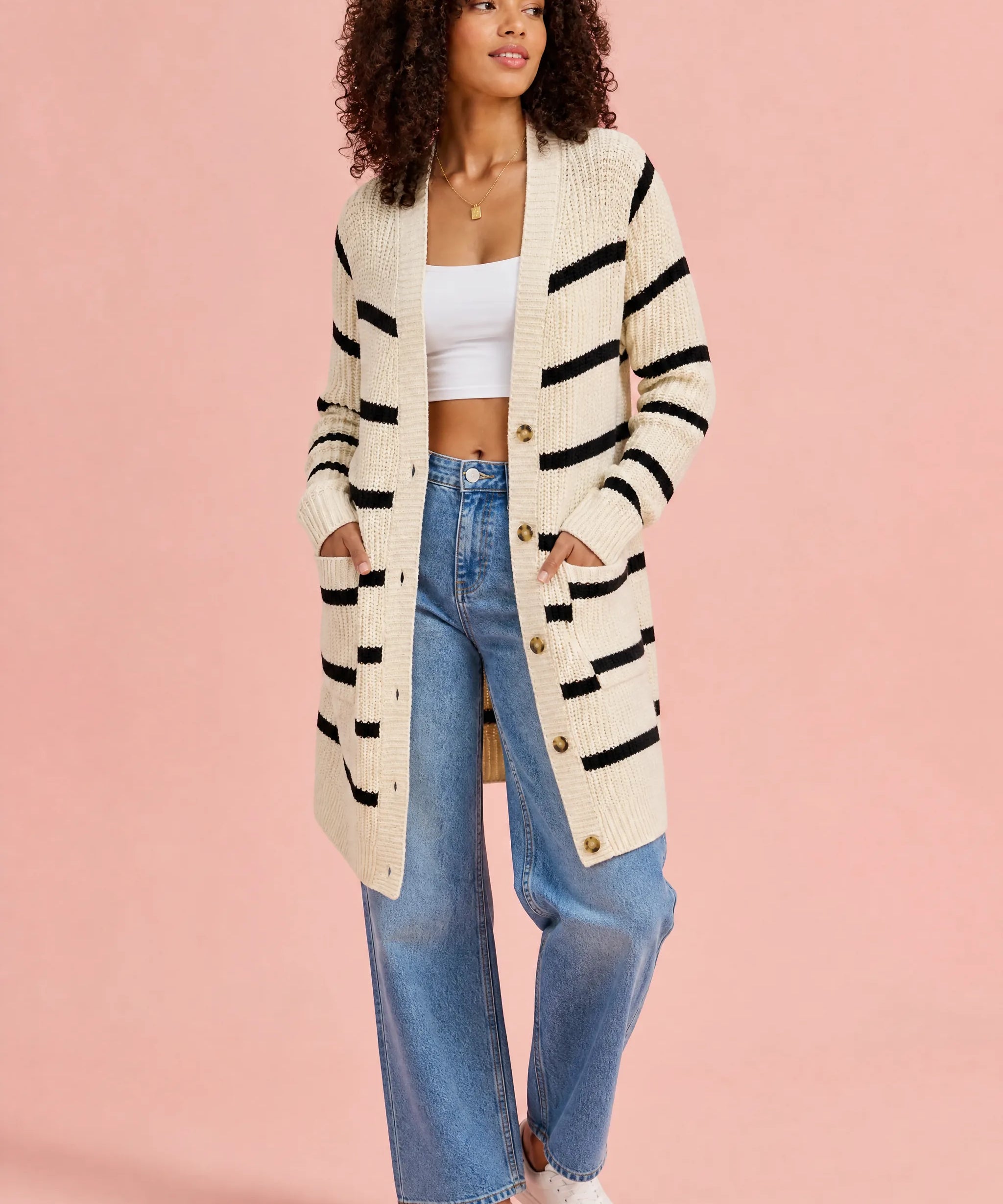 Gilet abricot rayé mi-long | Vue de face | Lounelle Paris