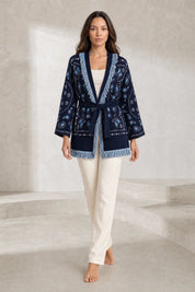 Gilet bleu marine col V franges | Lounelle Paris