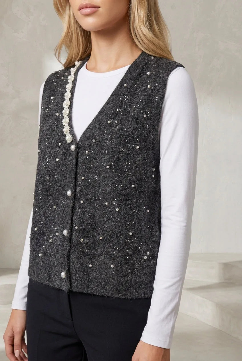 Gilet sans manches col V perlé | Lounelle Paris