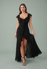 Vestido largo con abertura y volantes