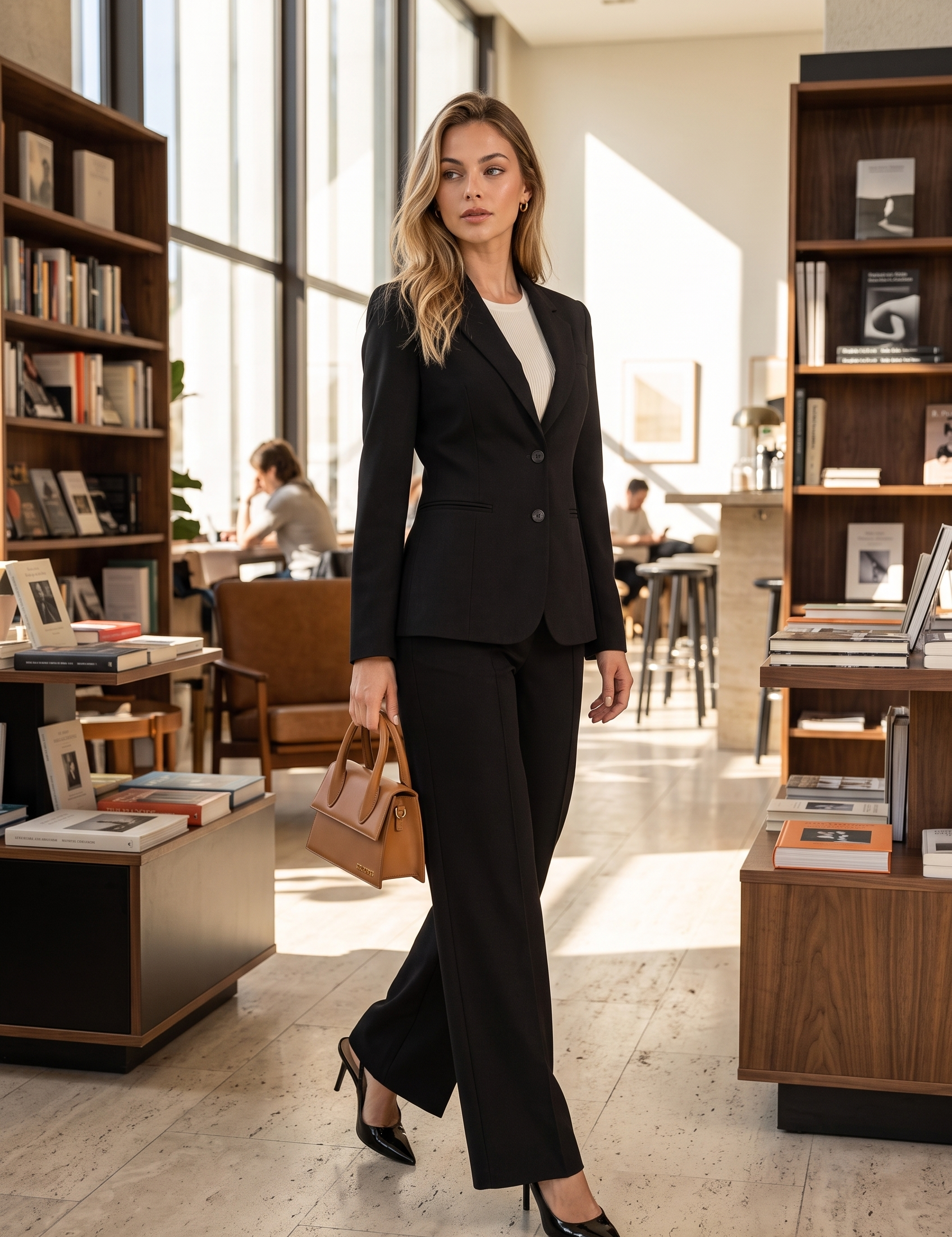 Ensemble noir blazer pantalon large | Photo lifestyle | Lounelle Paris
