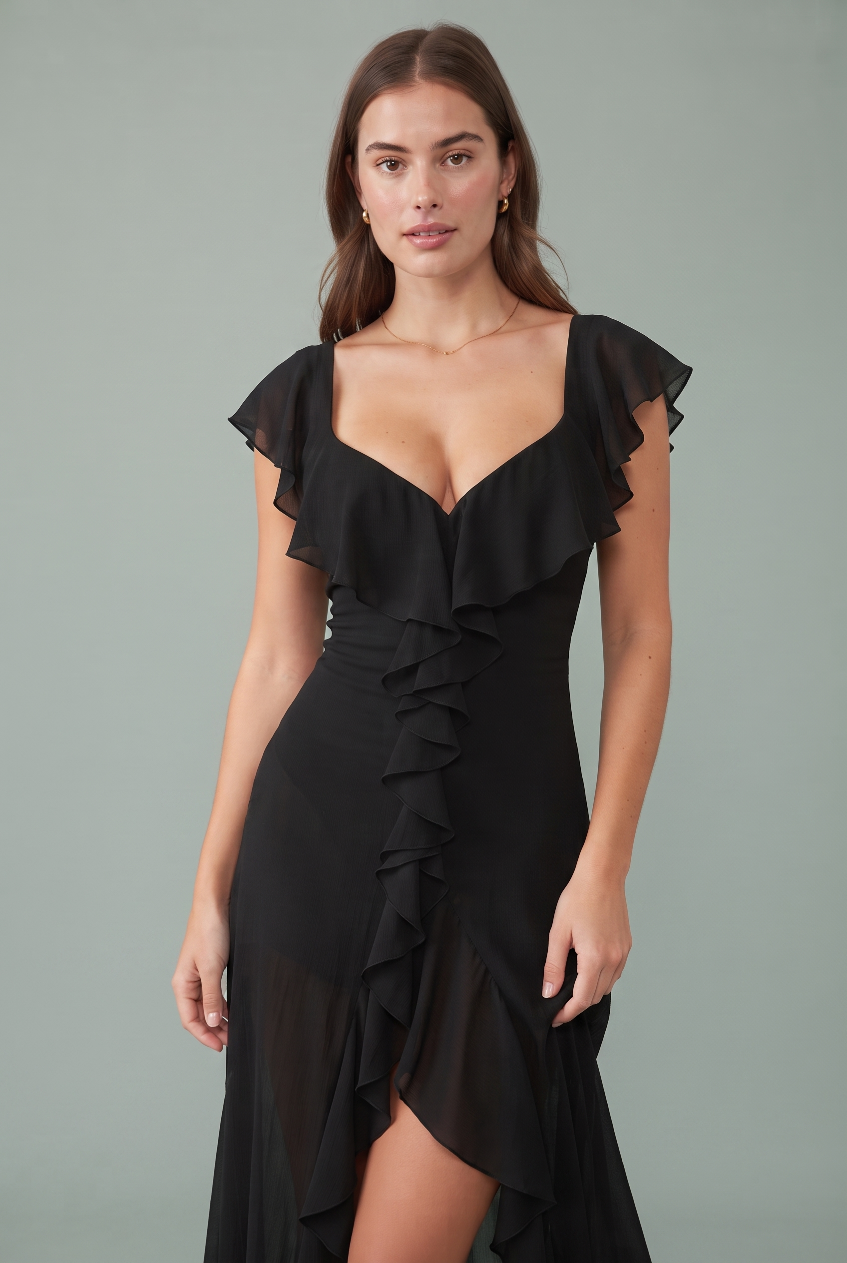 Robe longue fendue à volants | Vue rapprochée | Lounelle Paris