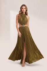 Vestido largo oro oliva espalda abierta