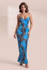 Vestido largo azul con tirantes finos