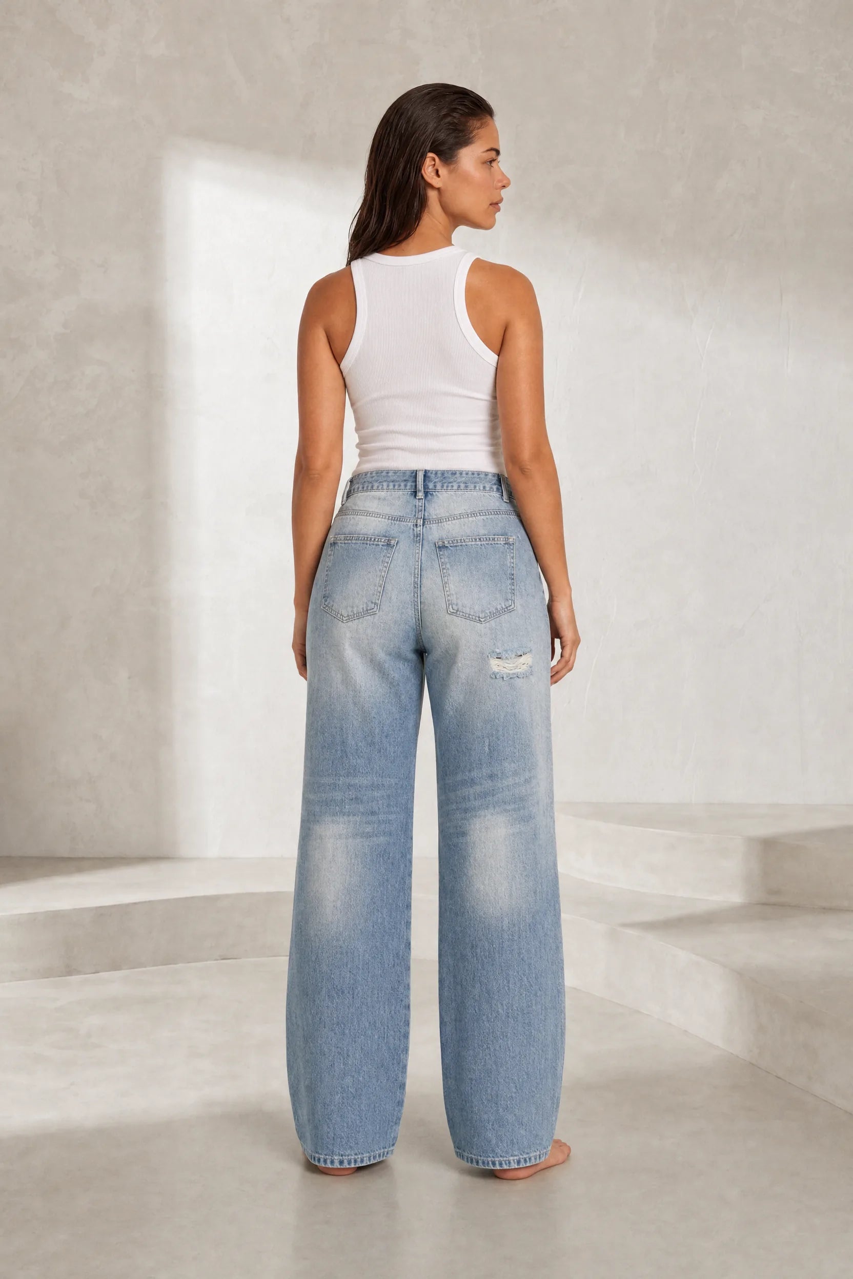 Jean bleu délavé coupe ample déchiré | Lounelle Paris