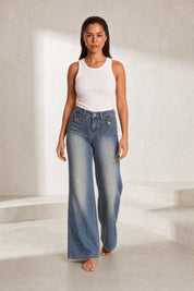 Jean bleu taille haute évasé | Lounelle Paris